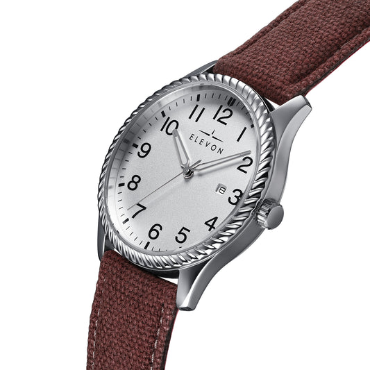 Crosswind Canvas-Overlaid Leather-Band Watch w/ Date Silver/Brown | Silver Dial