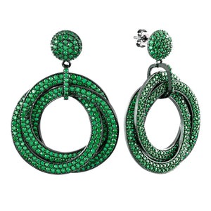 Elegant Confetti Women's 18K Black Gold Plated Green CZ Simulated Diamond Pave Statement Triple Ring Drop Earrings 18k Black Gold