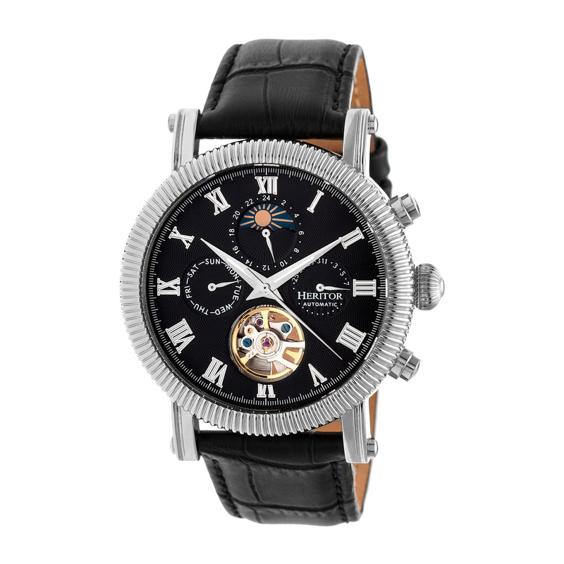 Winston Semi-Skeleton Leather-Band Watch Silver/Black | Black Dial
