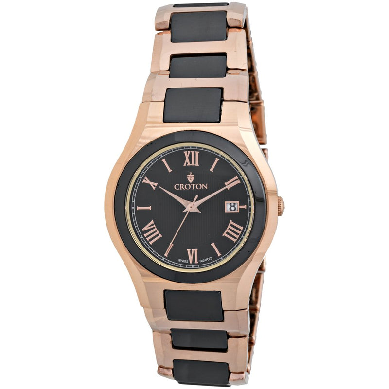 Croton Men's "Millennium" Tungsten & Ceramic Swiss Quartz Watch with Date rose/ceramic/tungsten | Black Dial