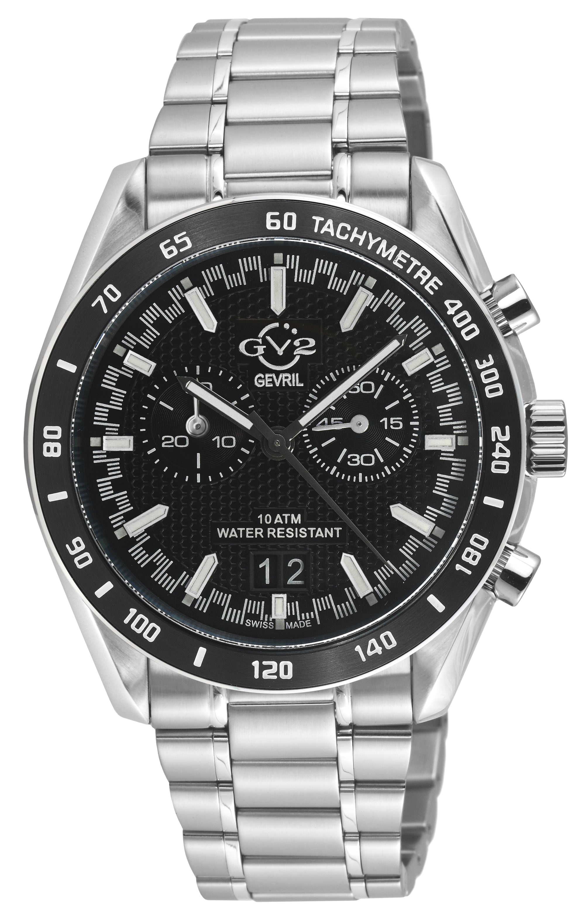 Freccia-Chronograph GV2 Swiss Quartz, 316L Case, Black Bezel, Black Dial, 316L Stainless Steel Bracelet | Black Dial