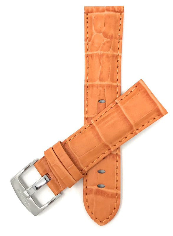 Bandini 22mm Orange Italian Leather Watch Band - Alligator Pattern, Semi-Padded 22mm / Orange / Silver Buckle |  Dial