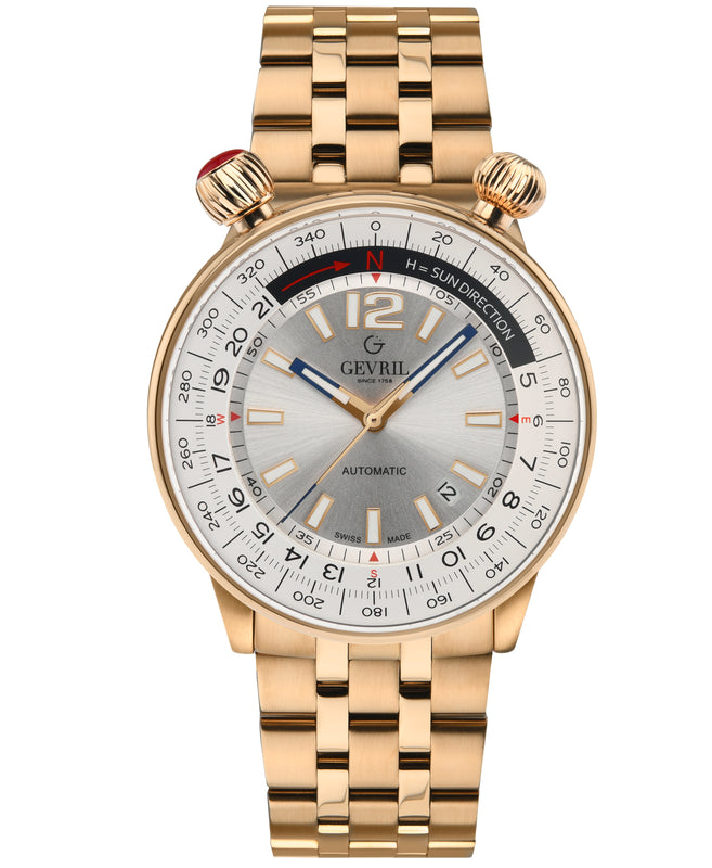 Wallabout Gevril Swiss Made Automatic Solar compass  Rose Gold tone watch | Silver Dial