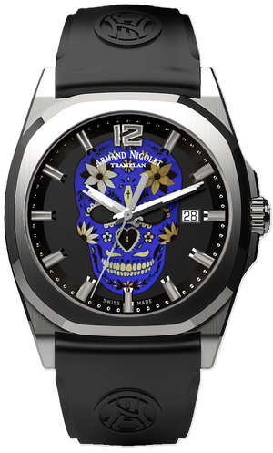 Armand Nicolet X Watch Gang J09-3 Blue Skull / Black Rubber Strap Special Edition Watch