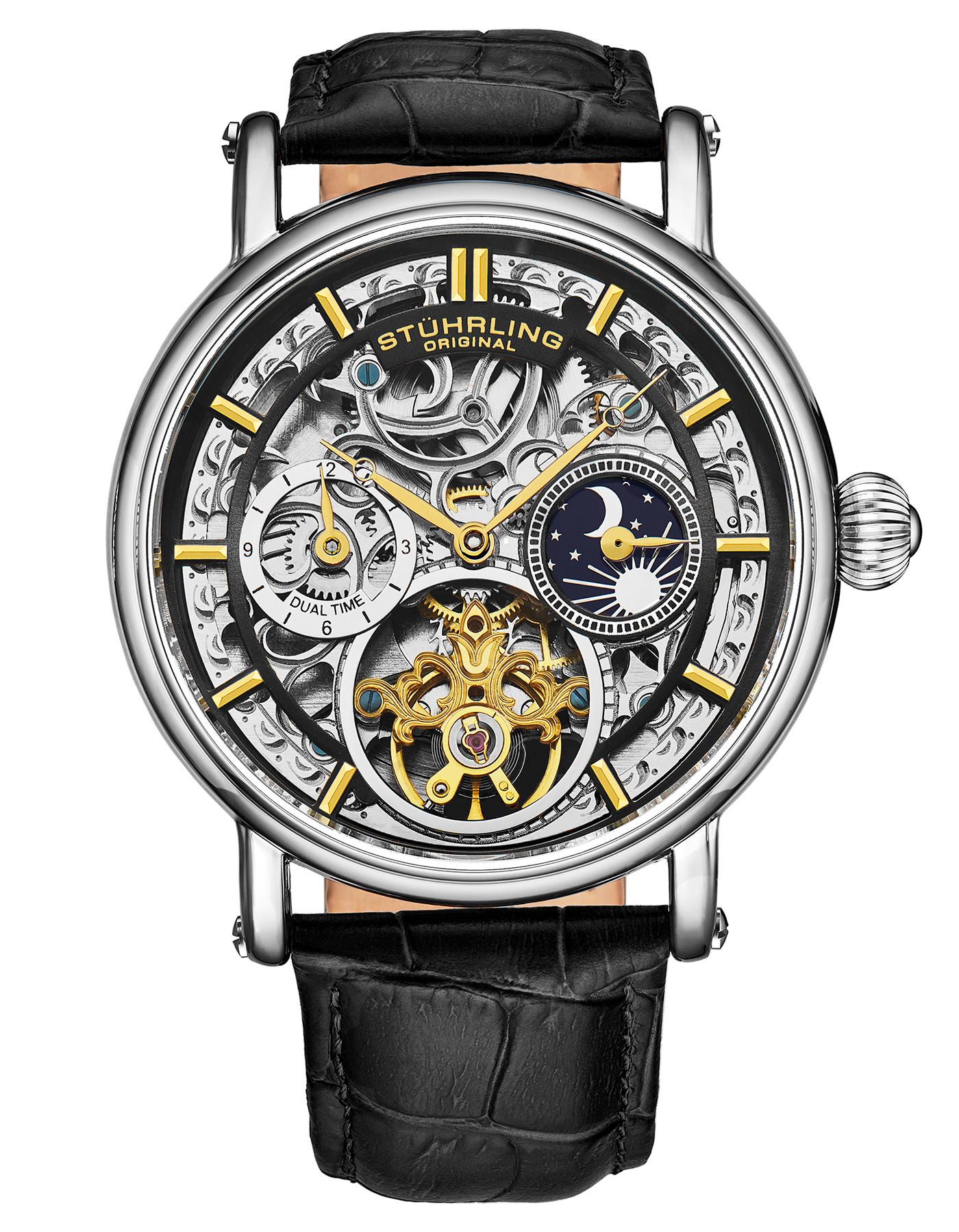 Legacy Automatic 43mm Skeleton Silver Case/ Black Leather Strap | Black Dial