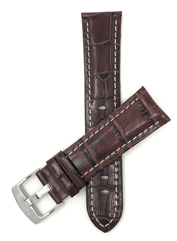 Bandini 22mm Extra long - Brown Leather Watch Band - Alligator Pattern - White Stitch - Glossy 22mm Extra long / Brown / Silver Buckle |  Dial