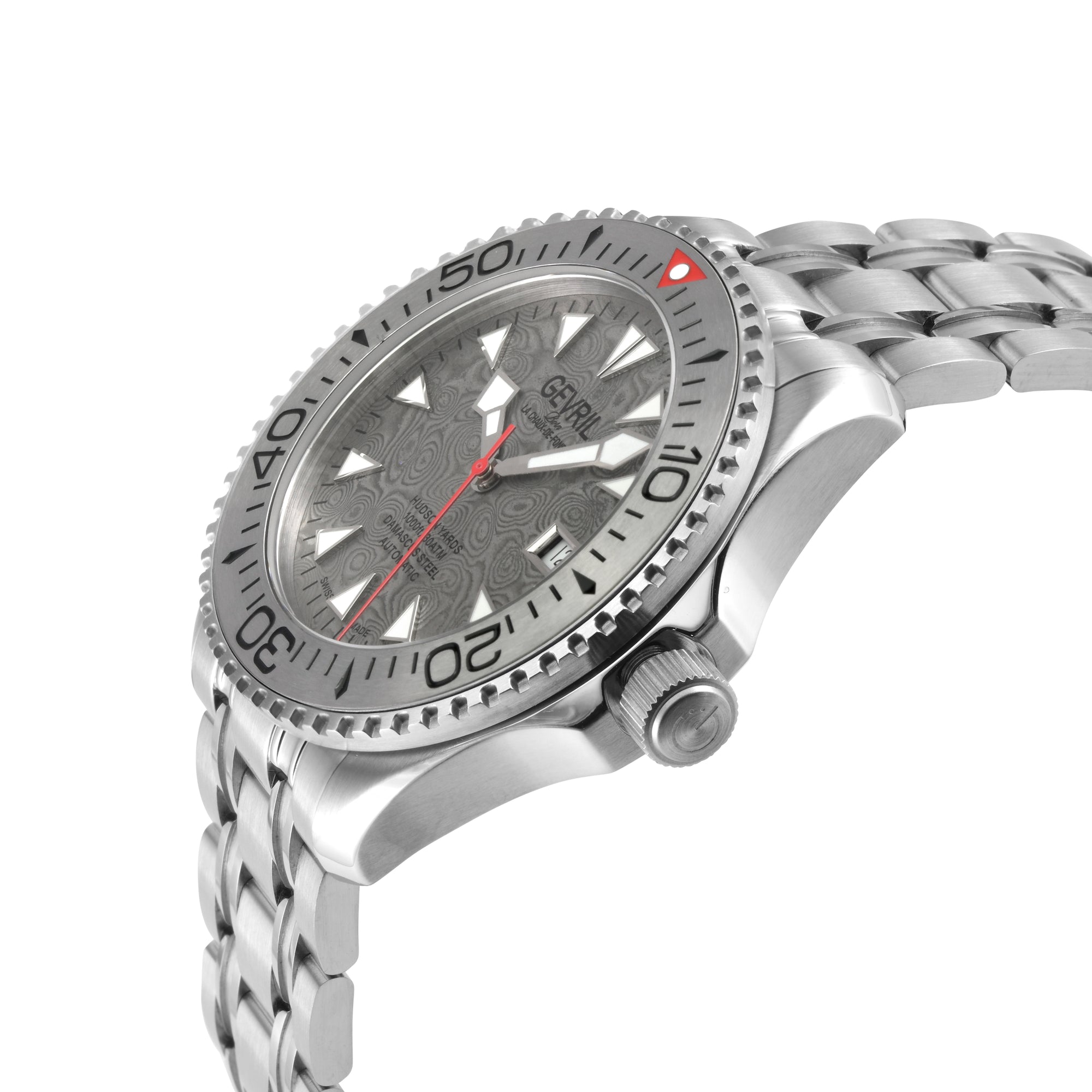 Hudson Yards -Damascus Swiss Automatic SW200-1 - Damascus Steel Gray Dial,  Unidirectional Rotating Bezel Gray Tungsten, 316L | Silver Dial