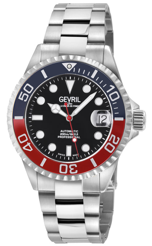 Wall Street Gevril Swiss Made SW200 Steel Rotating Bezel, 316L case, Black Dial | Black/Red Dial