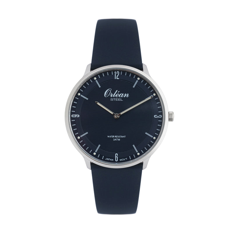 40mm Ultra Slim Analog Mens Watch, Leather Strap, Japanese Quartz Movement, Date - ME3445 Silver / Blue | Blue Dial
