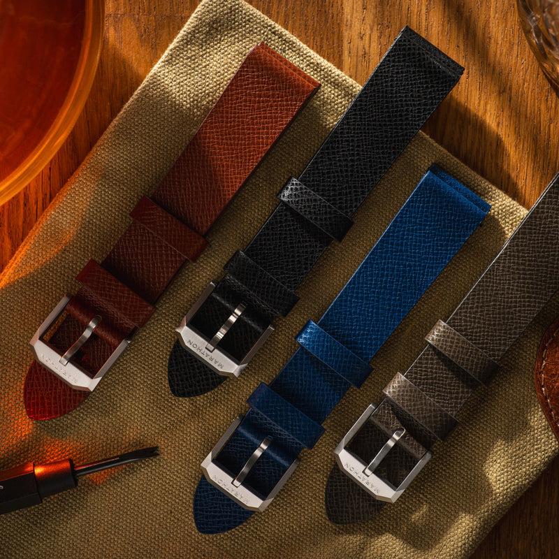 STRAP, 20mm, ITALIAN LEATHER, CROSS HATCH, STEEL BUCKLE, BLACK, STANDARD ITALIAN LEATHER, CROSS HATCH