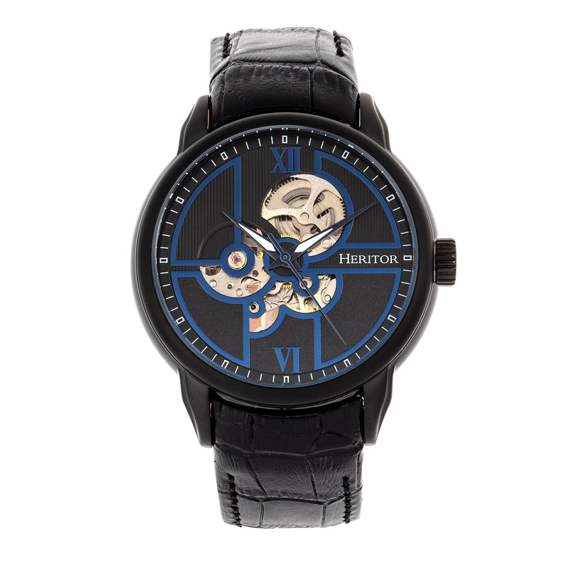 Automatic Sanford Semi-Skeleton Leather-Band Watch Black | Black Dial