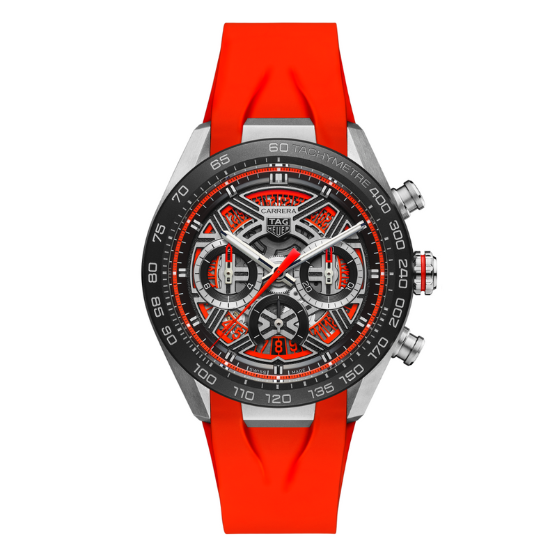 TAG HEUER CARRERA CHRONOGRAPH EXTREME SPORT 44MM, 100M, TITANIUM CASE, RED RUBBER BRACELET, SKELETON Red Skeleton Dial | Red Dial