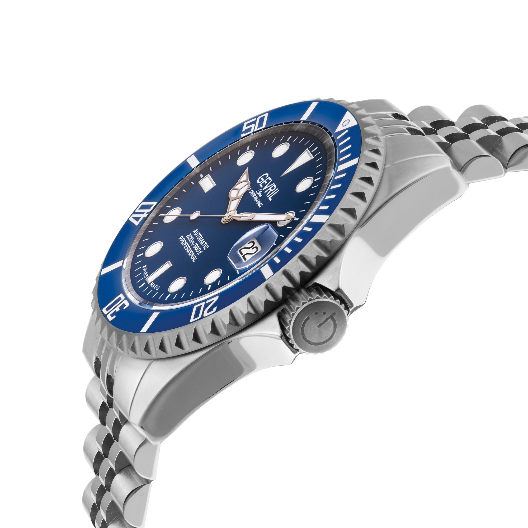 Chambers Gevril Swiss Made Sellita SW200 Ceramic rotation bezel 200 Meter diver watch exhibition caseback blue steel | Blue Dial