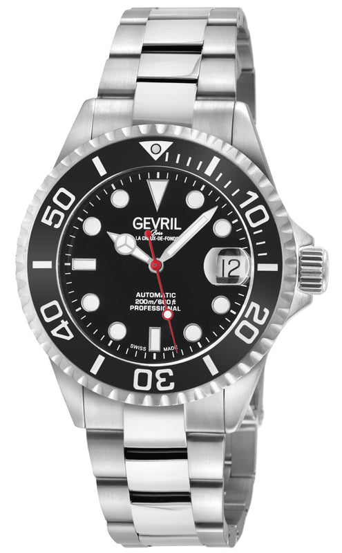 Wall Street Gevril Swiss Made SW200 Steel Rotating Bezel Diver's watch, 316L case, Black DIal | Black Dial