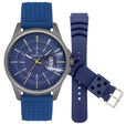 46mm Mens Watch Set, Silicone Strap, Date, 3 ATM, Extra Rubber Diver Strap Grey / Blue Dial | Blue Dial