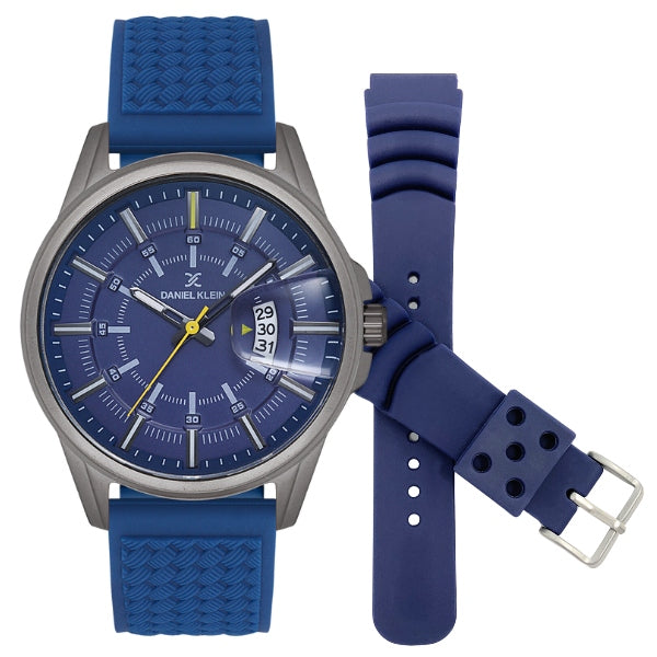 46mm Mens Watch Set, Silicone Strap, Date, 3 ATM, Extra Rubber Diver Strap Grey / Blue Dial | Blue Dial