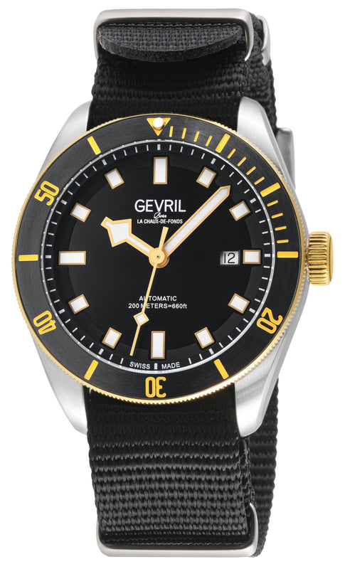Yorkville Gevril Men's Yorkville Black Dial Sellita SW200 Swiss Automatic Rotating Bezel Two Tone Bracelet Date Luminous Watch Nato strap | Black Dial