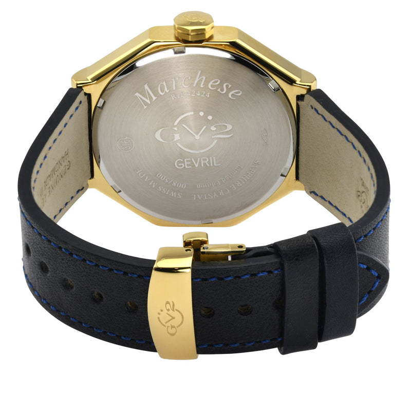 Marchese Swiss Made multifunction IP Gold/Blue,Black with Blue stitching band | Blue Dial