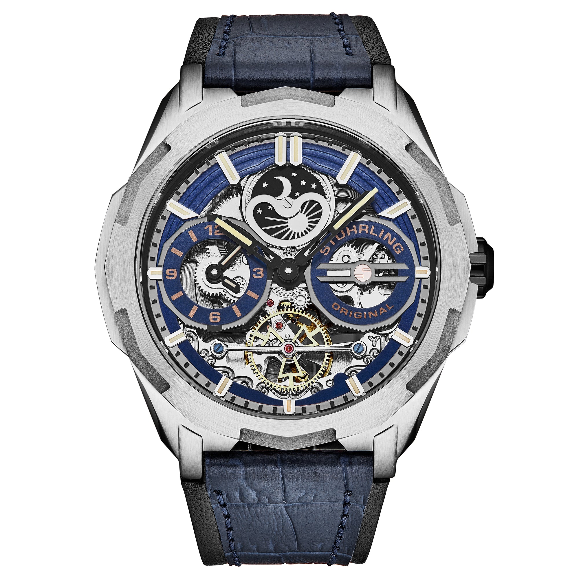 Dual Time Automatic Navigator 46mm Skeleton Blue/Leather | Blue Dial