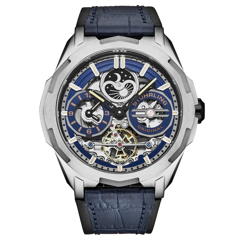 Dual Time Automatic Navigator 46mm Skeleton Blue/Leather | Blue Dial