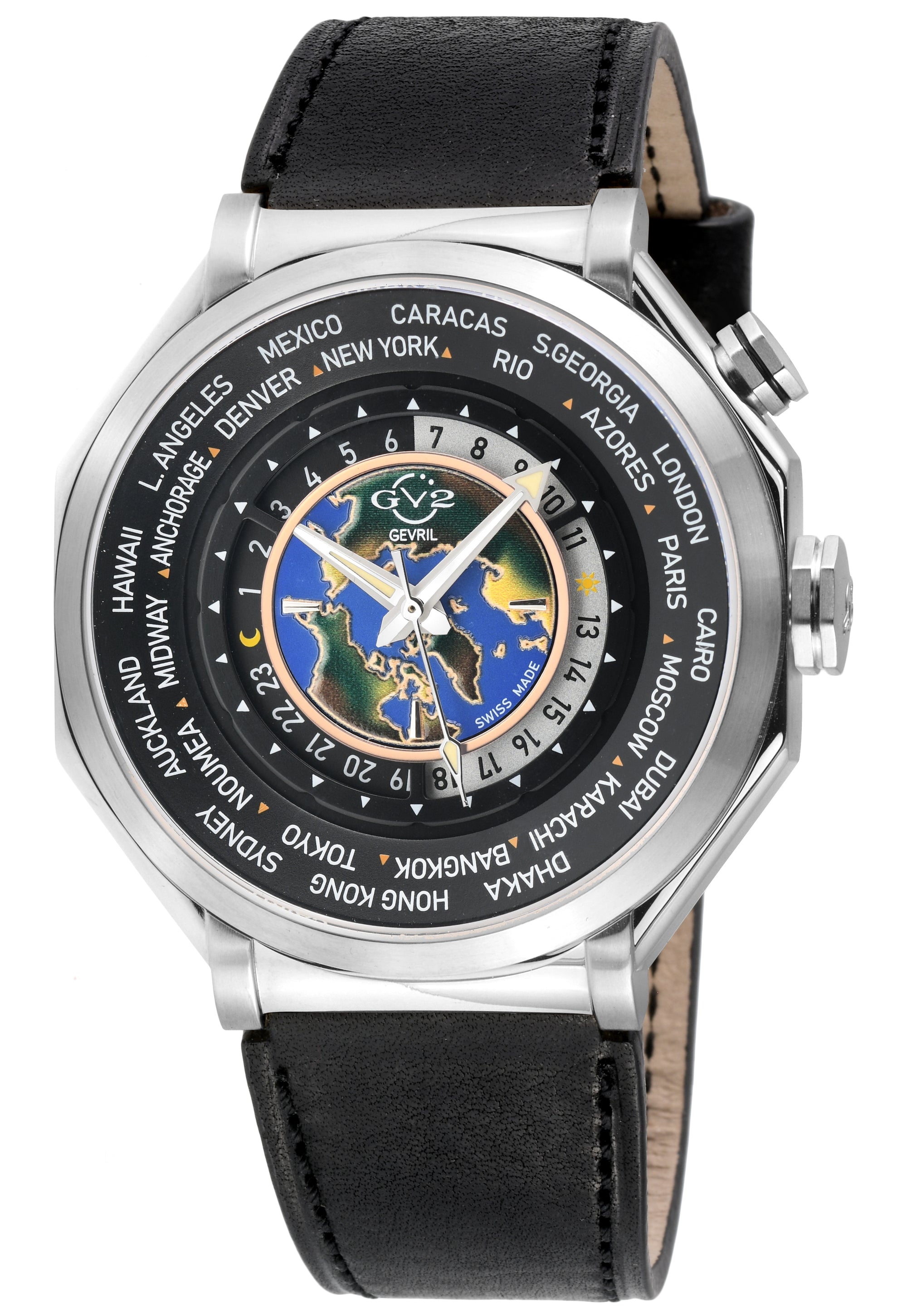 Marchese GV2 Men's Marchese IPYG Case, Black/Gold  Dial,  Genuine Italian Black Leather Strap with White Stitching | Black Dial