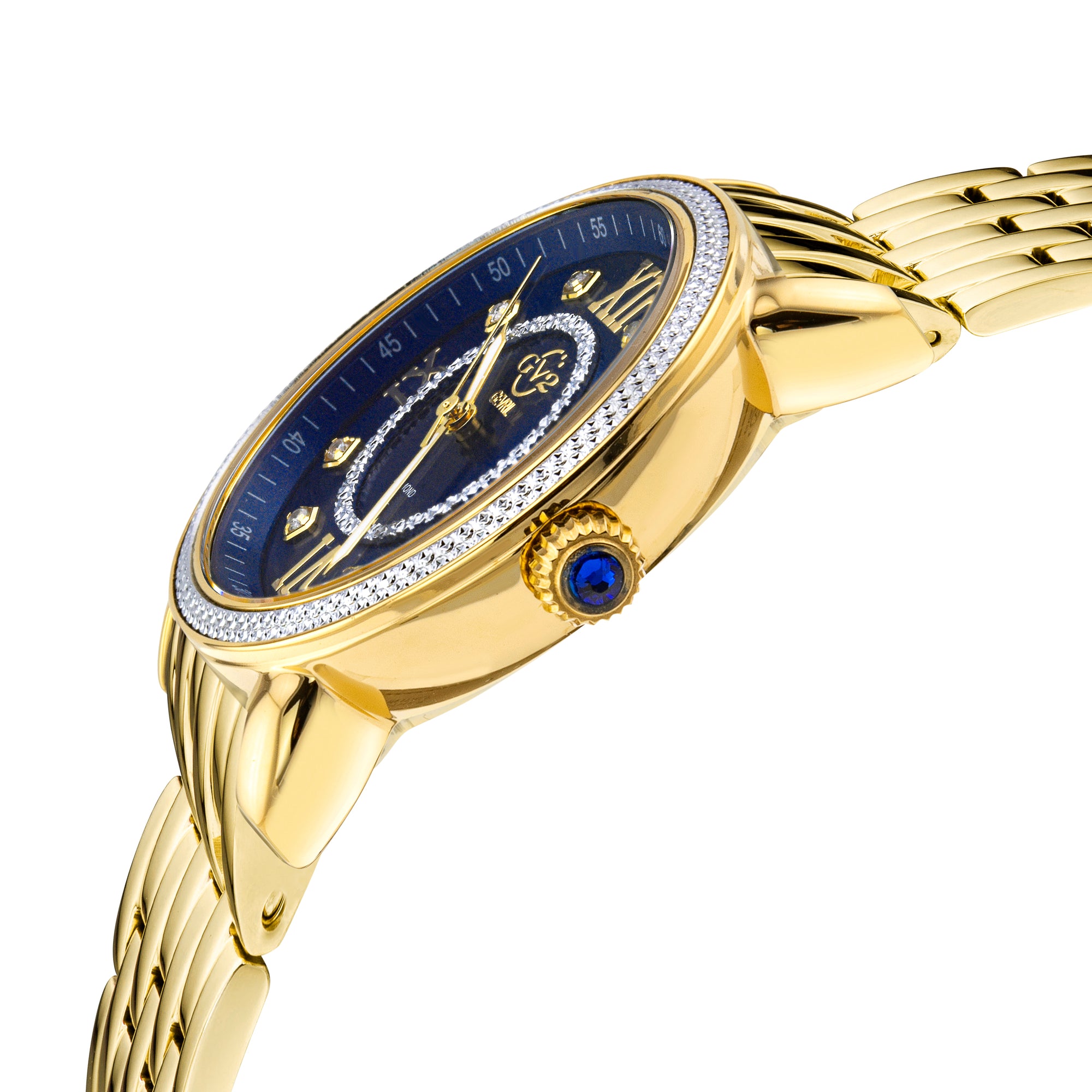 Marsala GV2 Women's Diamond Swiss Quartz Watch, White MOP dial, 8 Diamonds, SS Bracelet | Blue Dial