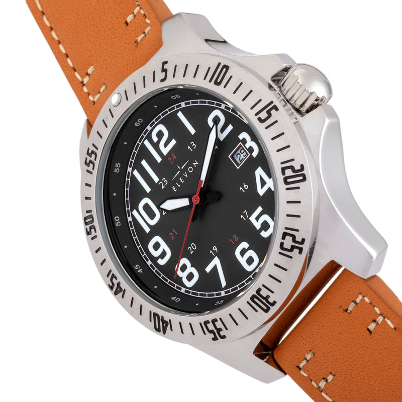 Aviator Leather-Band Watch w/Date Camel/Black | Black Dial