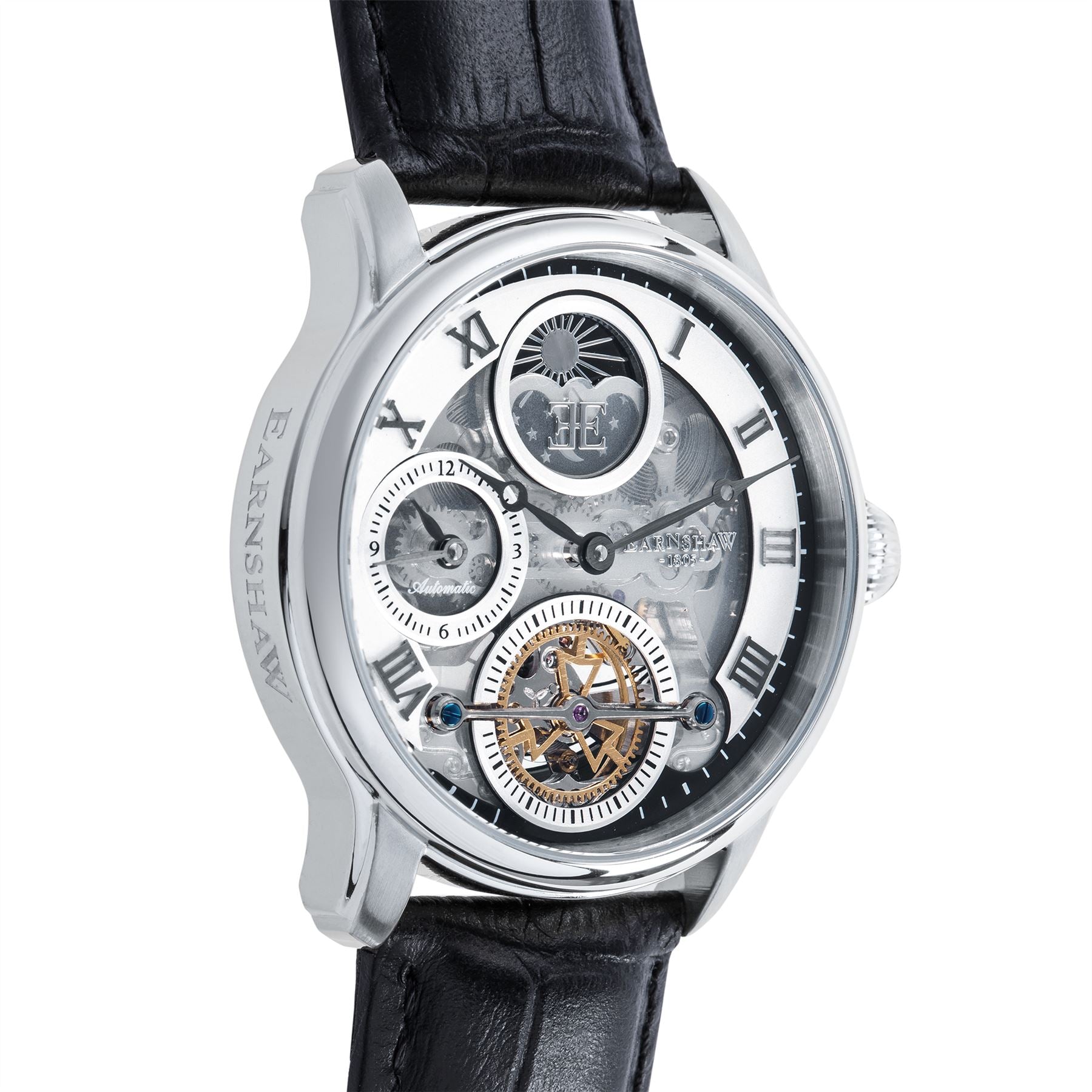 Longitude (Shadow Automatic) Automatic Skeleton Watch Silver White & Black / Genuine leather strap Silver Dial