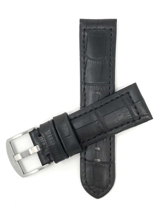 Bandini 18mm Black Italian Leather Watch Band - Alligator Pattern - Padded 18mm / Black / Silver Buckle |  Dial