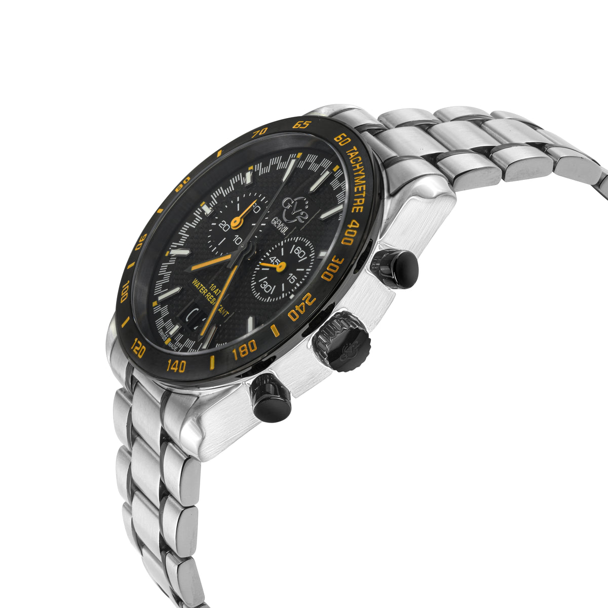 Freccia-Chronograph GV2 Swiss Quartz, 316L Case, Black Bezel, Black Dial, Two toned SS/IPBLK Stainless Steel Bracelet | Black Dial Dial