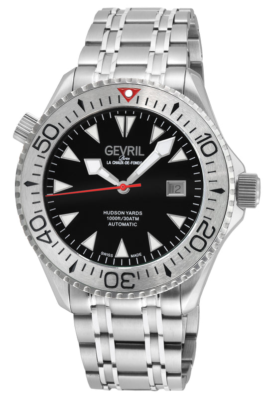 Hudson Yards Swiss Made Automatic SW200 Diver watch Silver Tungsten bezel, Unidirectional Rotating bezel. | Black Dial