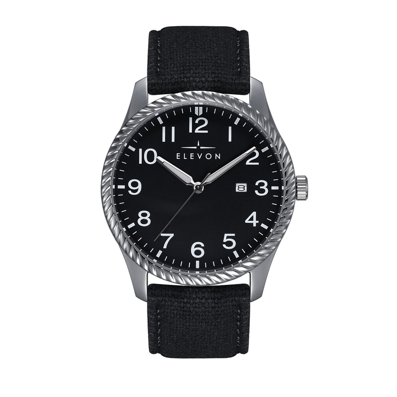 Crosswind Canvas-Overlaid Leather-Band Watch w/ Date Black | Black Dial