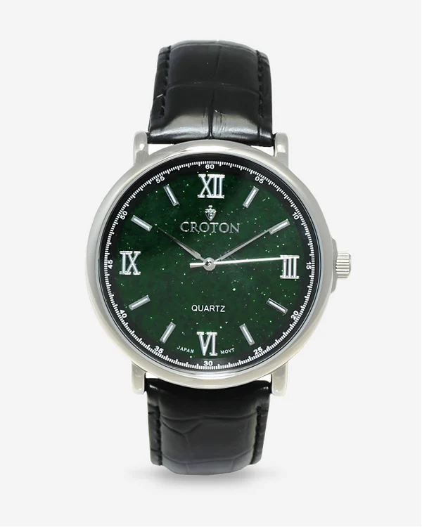 Men's Stainless Steel Quartz Watch with Rust Goldstone Glass Dial & Leather Strap