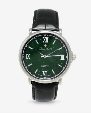 Men's Stainless Steel Quartz Watch with Rust Goldstone Glass Dial & Leather Strap