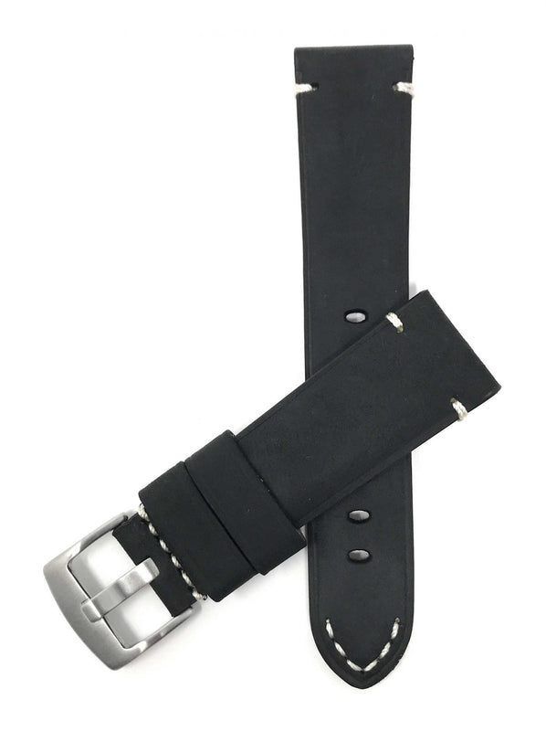 Bandini 24mm Black Italian Leather Watch Band - Distressed - Padded 24mm / Black / Silver Buckle |  Dial