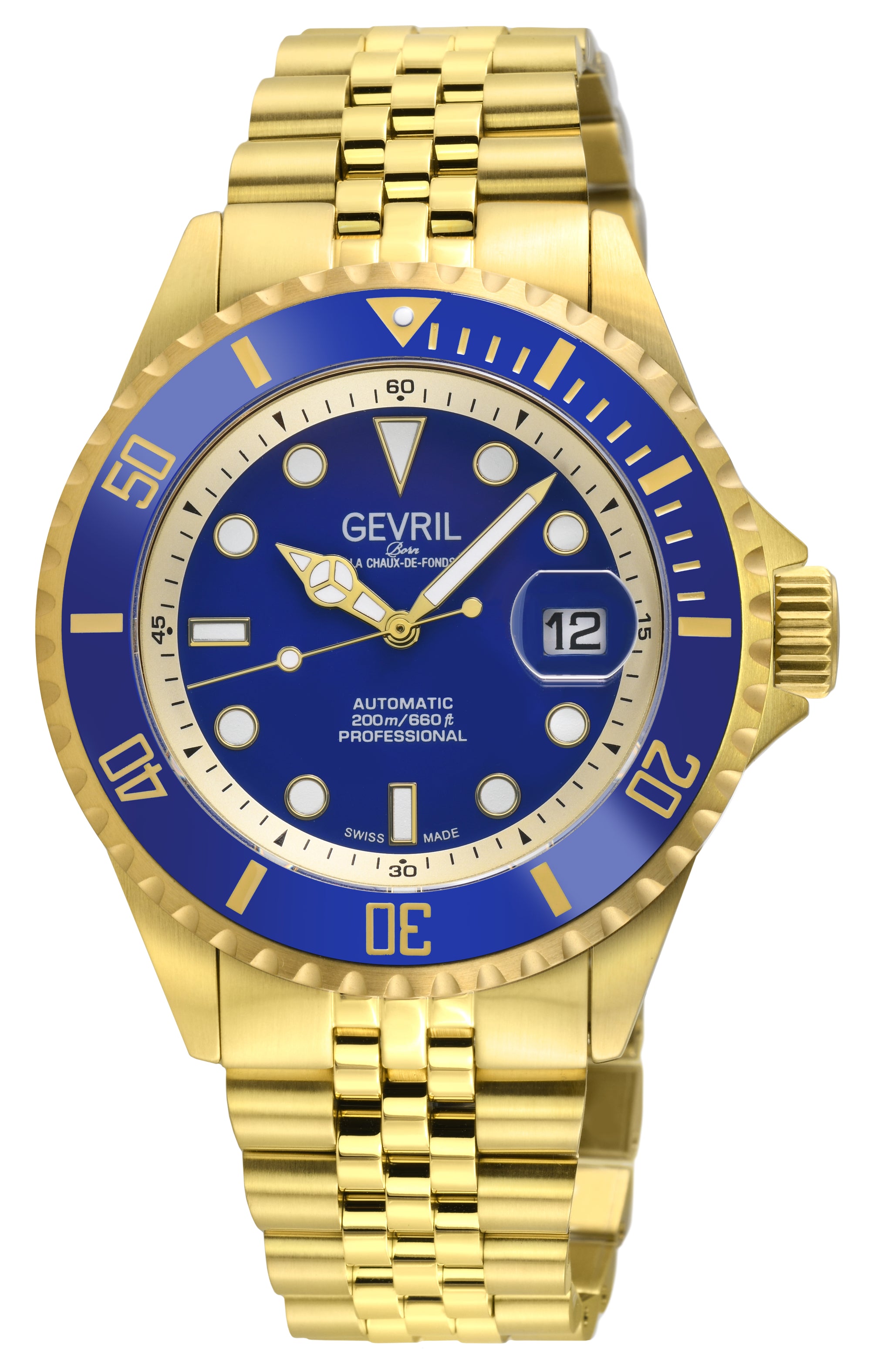 Wall Street Gevril Swiss Made SW200-1 Steel Rotating Blue Ceramic Bezel , 316L case, Blue Dial Blue Dial