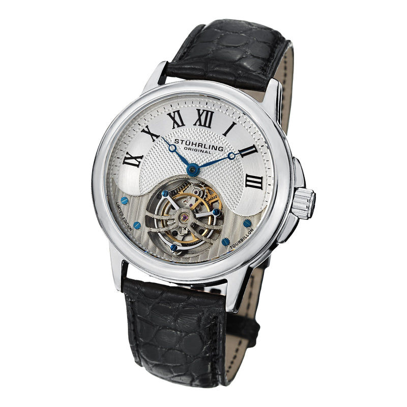 Tourbillon Silver case/Alligator strap/ Brass Dial | Silver Dial