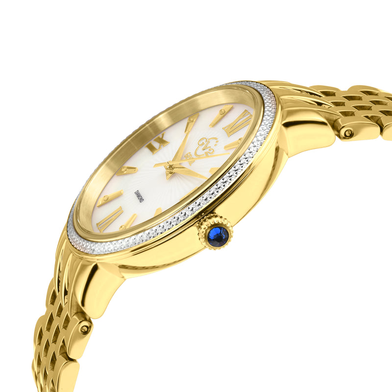 Genoa GV2 Women's Diamond Swiss Quartz Watch, White MOP dial, Diamond Cut Bezel, 8 Diamonds on Dial, IP Gold Bracelet | White Dial