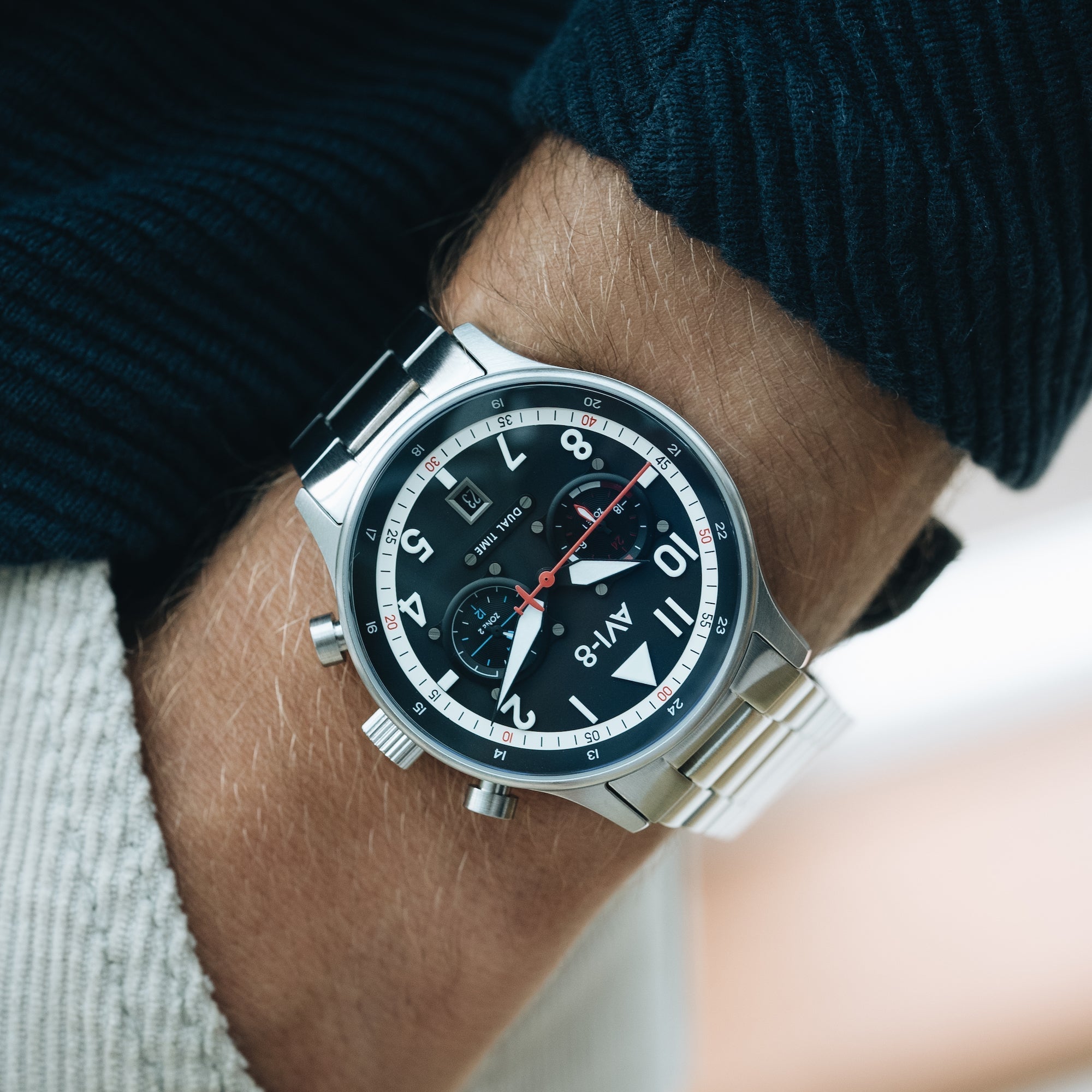 Hawker Hurricane Carey Dual Time Black & Stainless Steel / Stainless Steel | Black Dial