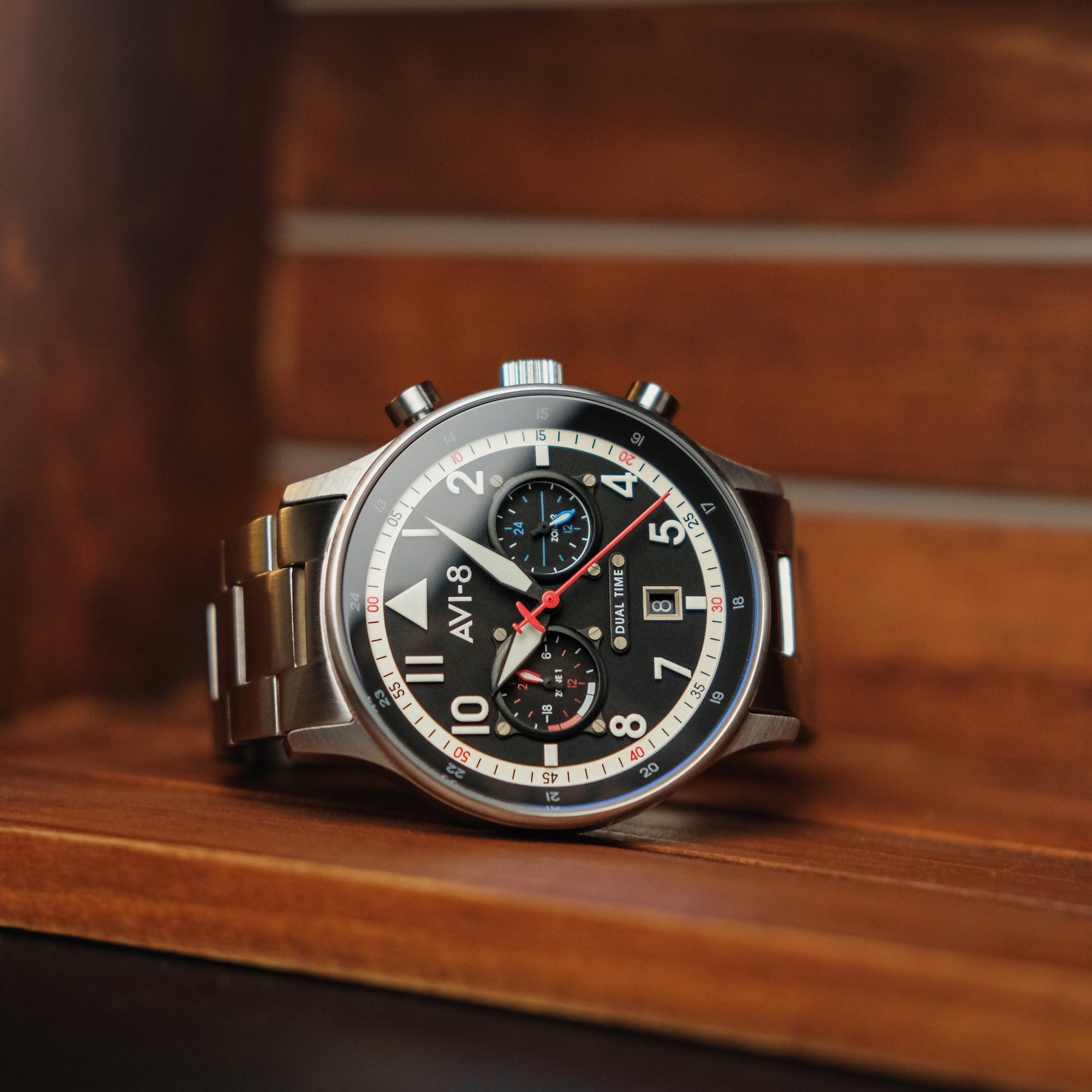 Hawker Hurricane Carey Dual Time Black & Stainless Steel / Stainless Steel | Black Dial