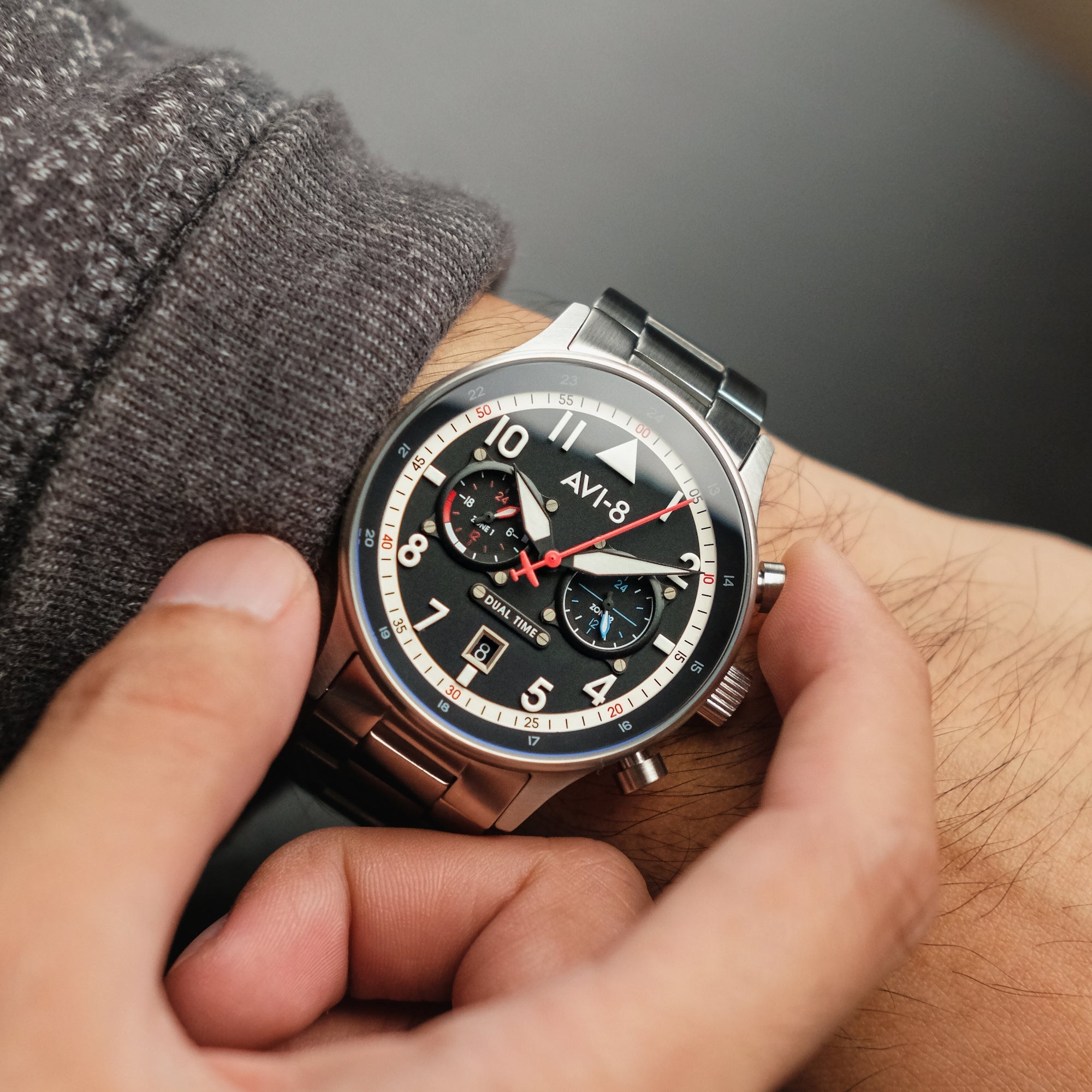 Hawker Hurricane Carey Dual Time Black & Stainless Steel / Stainless Steel | Black Dial