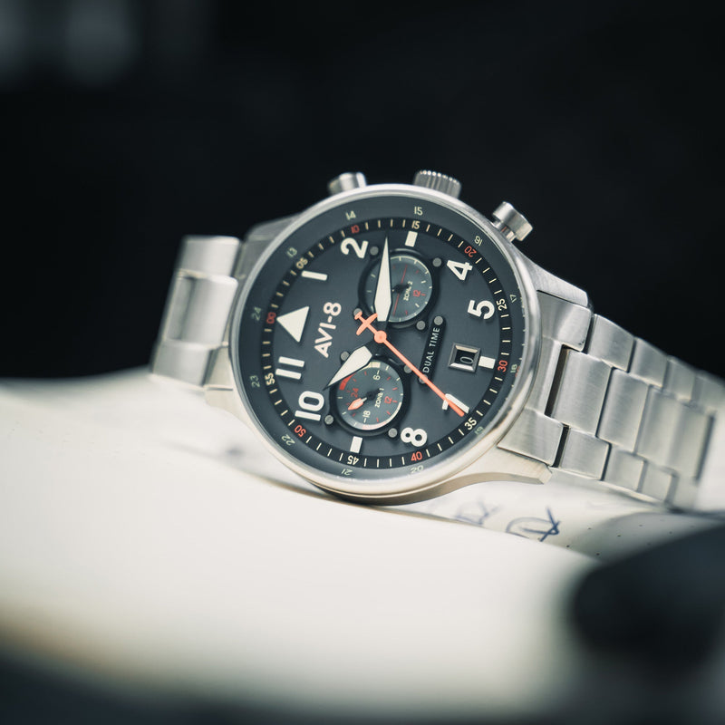 Hawker Hurricane Carey Dual Time Blue & Stainless Steel /  Stainless Steel | Blue Dial