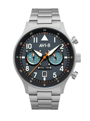 Hawker Hurricane Carey Dual Time Blue & Stainless Steel /  Stainless Steel | Blue Dial