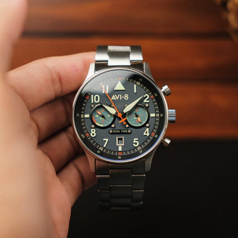 Hawker Hurricane Carey Dual Time Blue & Stainless Steel /  Stainless Steel | Blue Dial