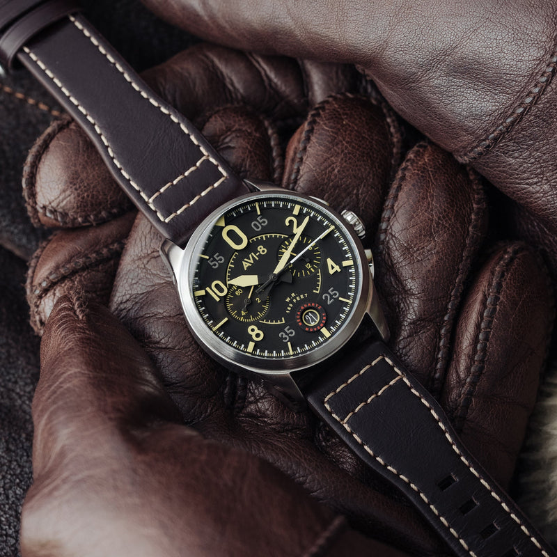 Spitfire Lock Chronograph Watch Black / Brown /  Leather | Black Dial