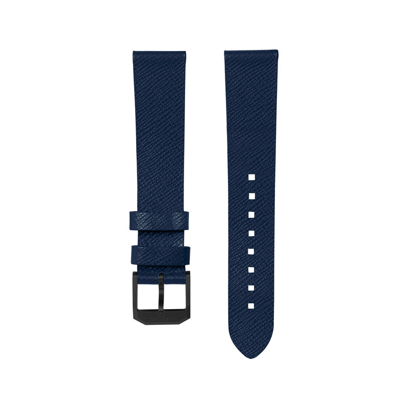 STRAP, 20mm, ITALIAN LEATHER, CROSS HATCH, IP BLACK BUCKLE, ROYAL BLUE, XL ITALIAN LEATHER, CROSS HATCH |  Dial