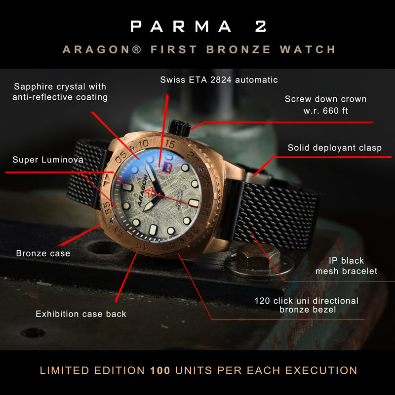 Parma 2 Bronze Meteorite Swiss ETA 2824 45mm - Meteorite