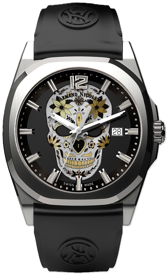 Armand Nicolet X Watch Gang J09-3 Silver Skull / Black Rubber Strap Special Edition Watch