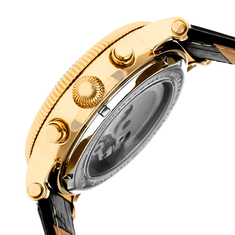 Winston Semi-Skeleton Leather-Band Watch Gold/Black | Black Dial