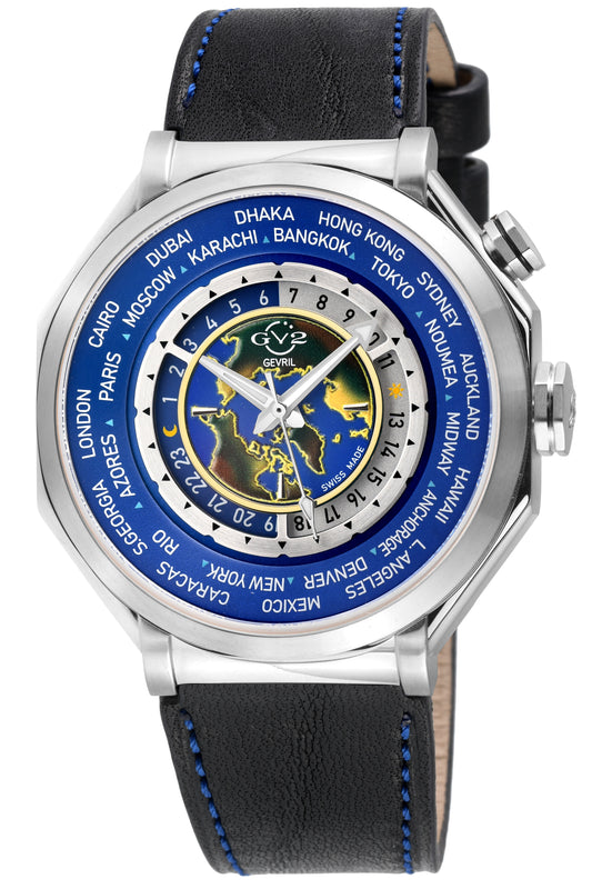 Marchese GV2 Men's Marchese Stainless Steel Case, Blue Dial,  Genuine Italian Blue Leather Strap with Blue Stitching | Silver Dial